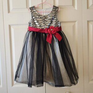 Girls Sequin Black Silver Dress With Red Sash & Flower Black Tulle Skirt Size 6